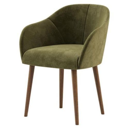 Olive Green Velvet Wood-Leg Armchair Dining Chair