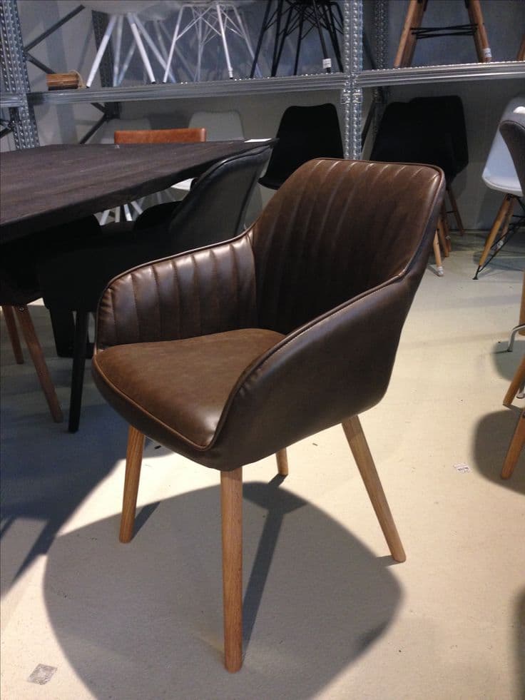 Vintage Brown Faux Leather Wood-Leg Armchair Dining Chair