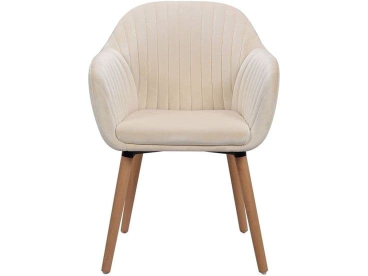 Cream Velvet Wood-Leg Armchair Dining Chair