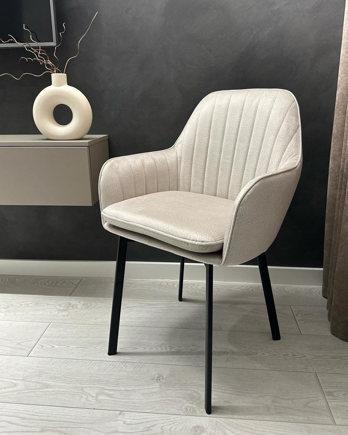 Beige Velvet Armchair Dining Chair with Black Metal Legs