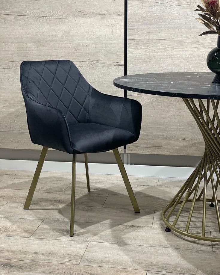 Black Velvet Diamond-Tufted Armchair Dining Chair with Gold-Finish Legs