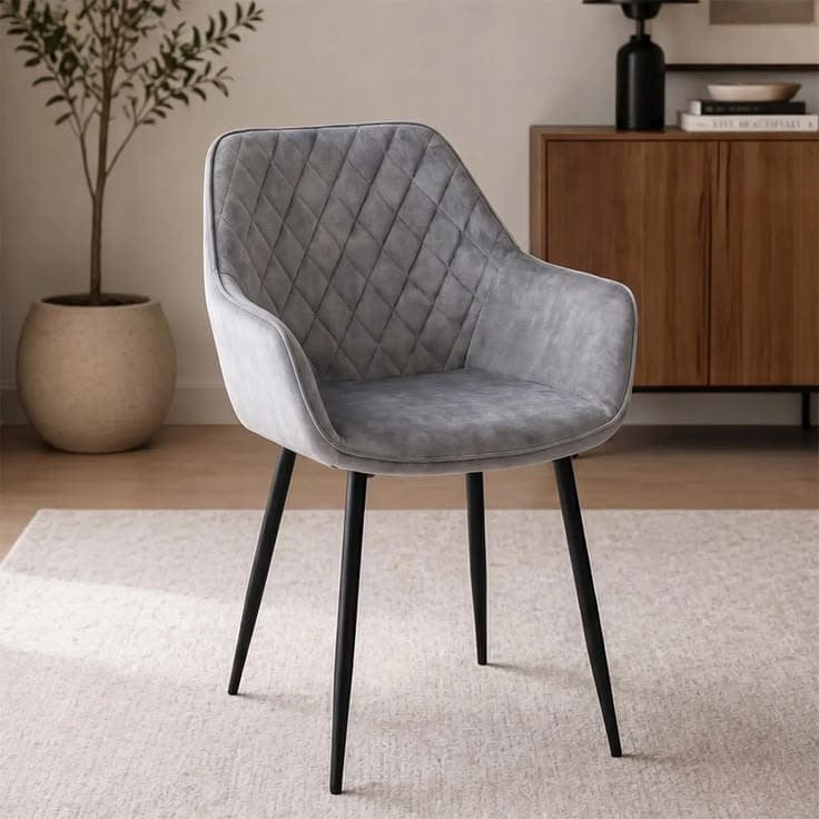 Fiona Light Grey Velvet Armchair Dining Chair with Black Metal Legs