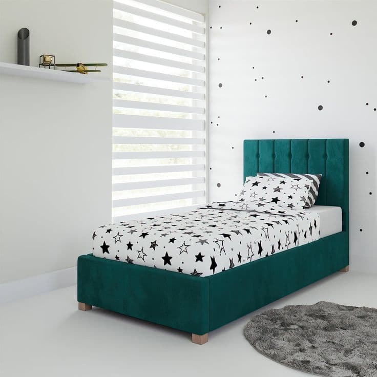Olivia Tufted Fabric Ottoman Single Bed in Emerald Plush Velvet