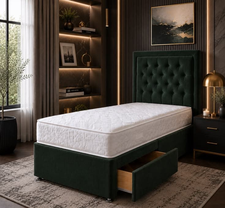 Emerald Velvet Tufted Divan Bed with Storage Drawer