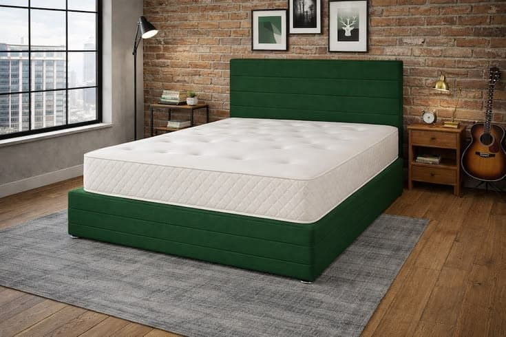 Dark Green Suede Horizontal Paneled Divan Bed Set with Headboard and Footboard