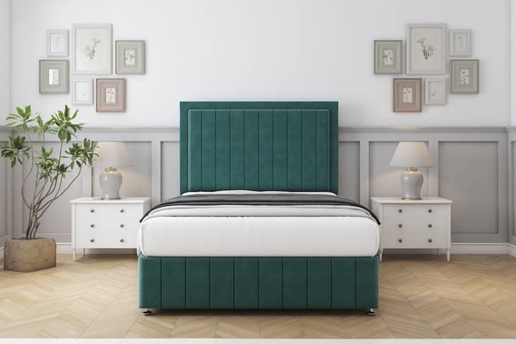 Sloomy Pemberton Emerald Plush Divan Bed with Mattress, 4 Drawers, 54-Inch Floor Standing Headboard and 12-Inch Matching Footboard