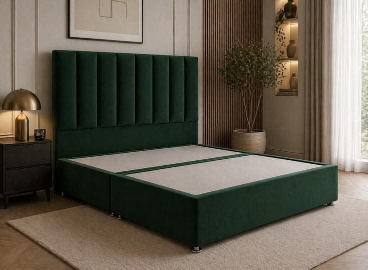 Iberis Divan Bed Base with Floor Standing Headboard in Bottle Green Velvet