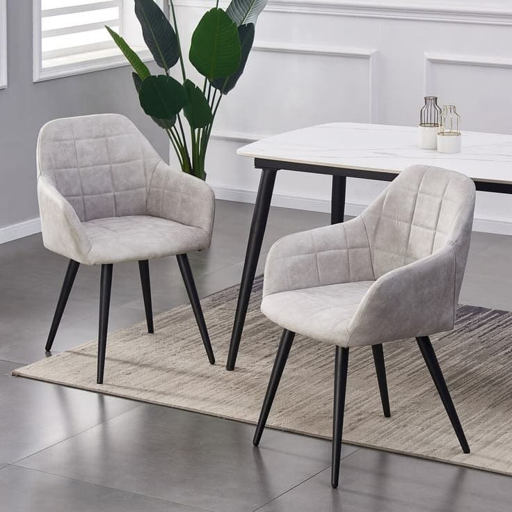 Vienna Quilted Velvet Dining Chairs Set of 2 in Light Grey with Armrests