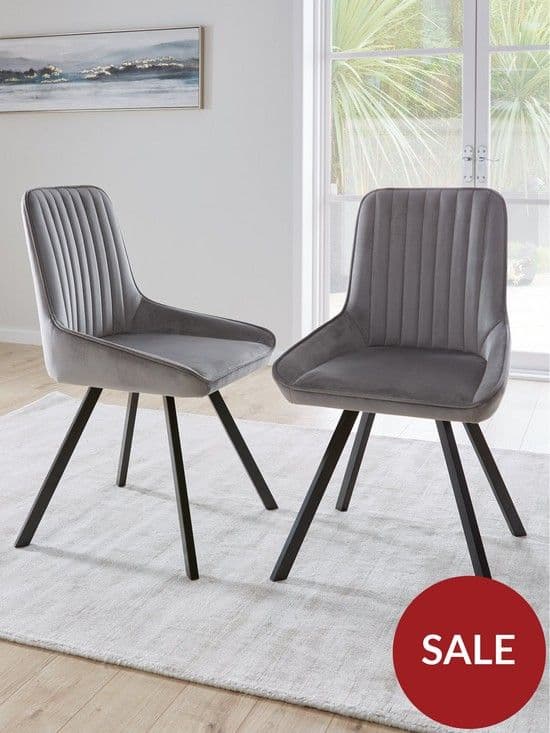 Marlow Fluted Velvet Dining Chairs Set of 2 in Grey with Black Legs
