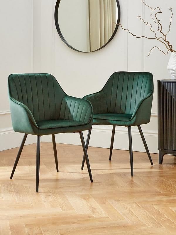 Alisha Fluted Velvet Dining Chairs Set of 2 in Green with Black Legs