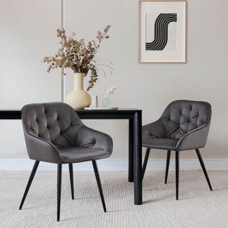 Vienna Quilted Velvet Dining Chairs Set of 2 in Dark Grey with Armrests