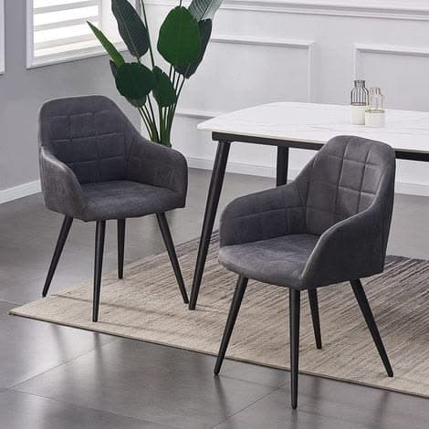 Adrian Quilted Faux Suede Dining Chairs Set of 2 in Dark Grey with Armrests