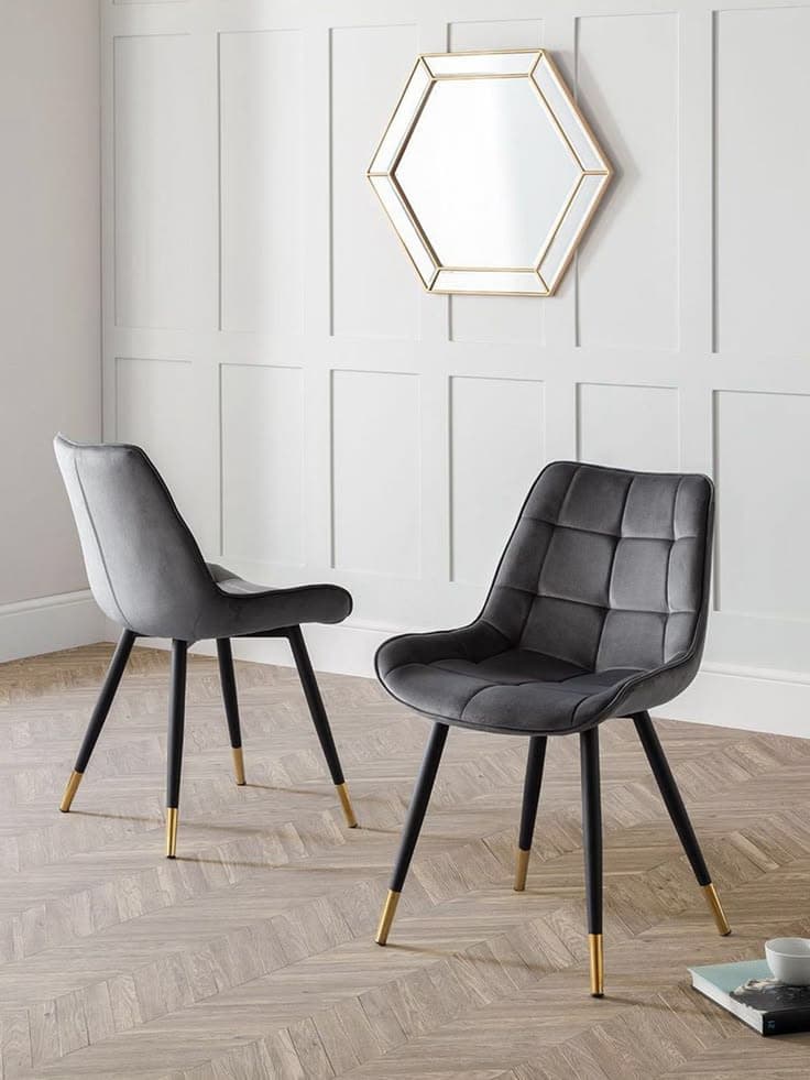 Hadid Quilted Velvet Dining Chairs Set of 2 in Grey with Gold-Tipped Legs