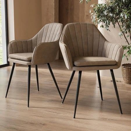Logan Fluted Faux Leather Dining Chairs Set of 2 in Truffle with Black Legs