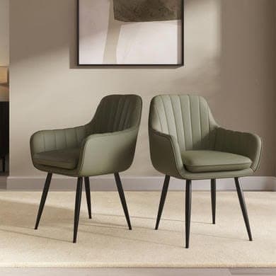 Logan Fluted Faux Leather Dining Chairs Set of 2 in Sage Green with Black Legs