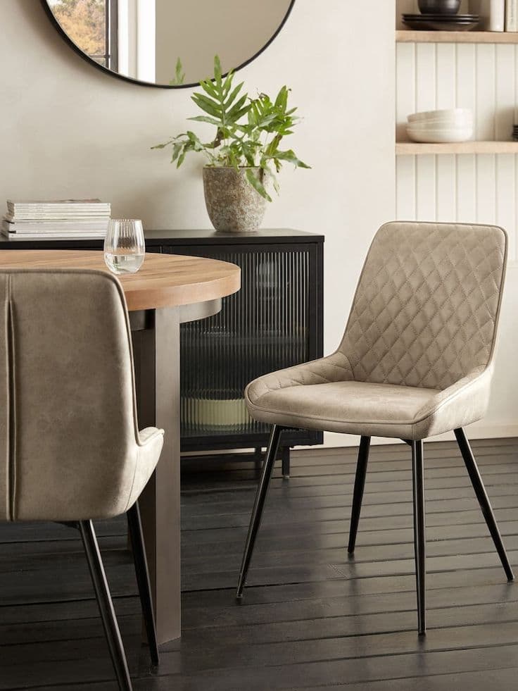 Monza Quilted Faux Leather Dining Chairs Set of 2 in Mink with Black Legs