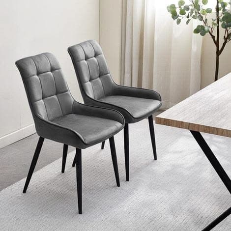 Elba Quilted Faux Leather Dining Chairs Set of 2 in Dark Grey with Black Legs