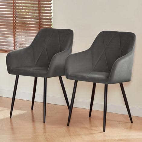 Ainpecca Quilted Velvet Dining Chairs Set of 2 in Dark Grey with Armrests
