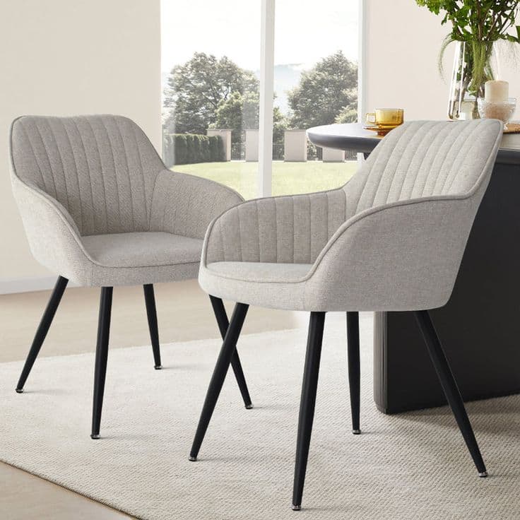 Jozwiak Fluted Fabric Dining Armchairs Set of 2 in Light Grey with Black Legs