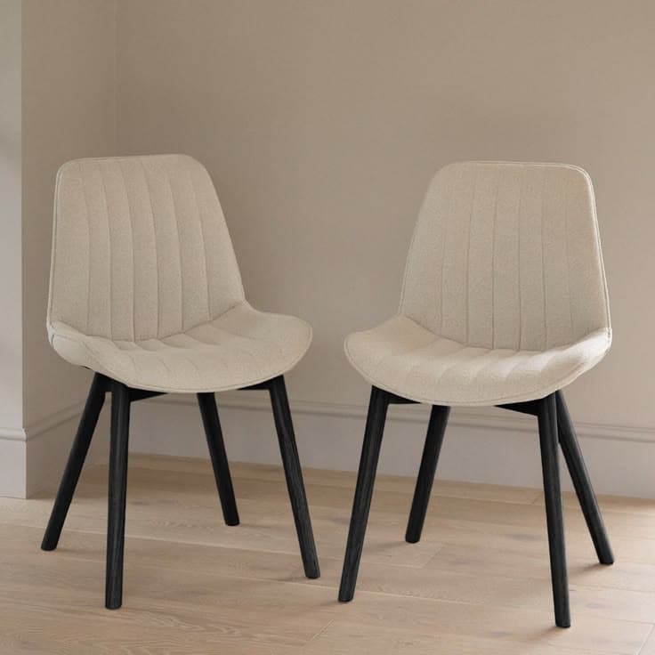 Bella Fluted Boucle Dining Chairs Set of 2 in Light Beige with Black Oak Legs
