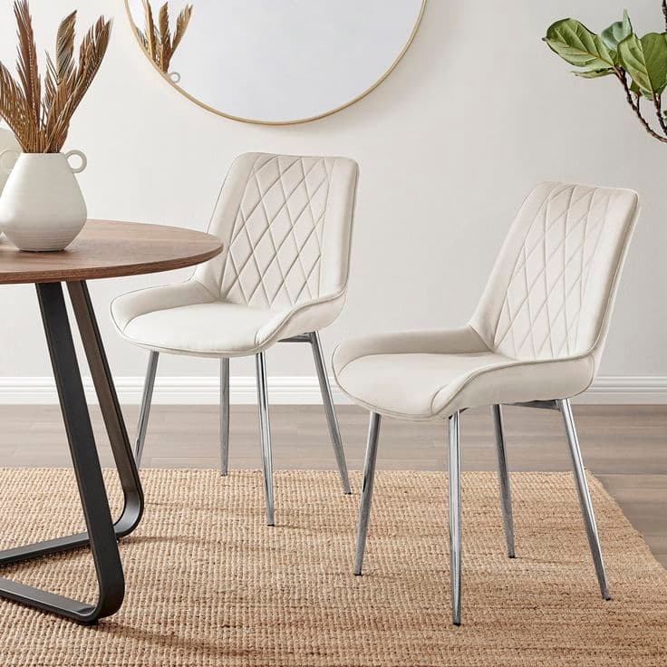 Palermo Quilted Velvet Dining Chairs Set of 2 in Cream with Chrome Legs
