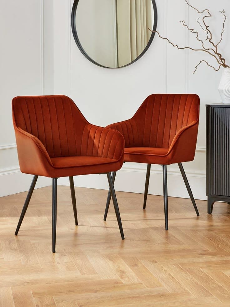 Alisha Fluted Velvet Dining Armchairs Set of 2 in Rust with Black Legs