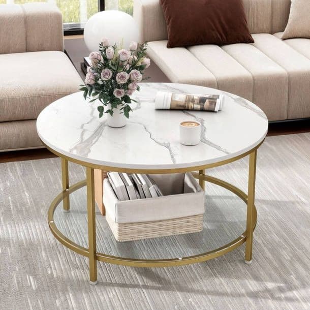 Modern White Marble Effect Round Coffee Table with Glass Storage Shelf & Gold Frame