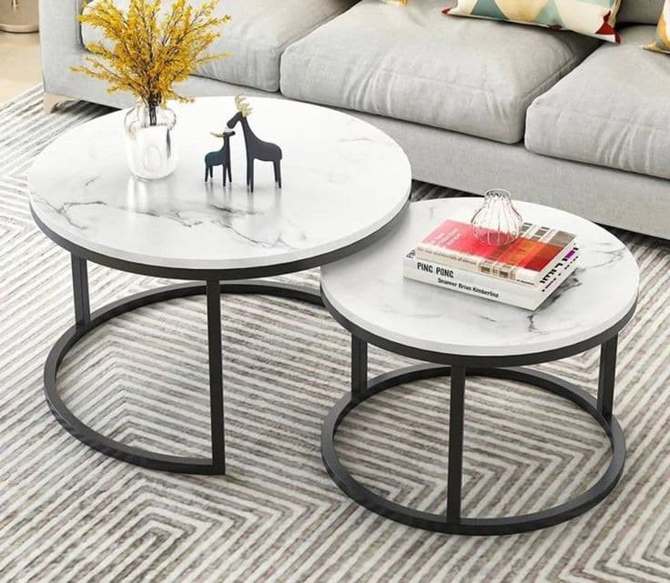 Modern White Marble Effect & Black Frame Nest of 2 Round Centre Tables