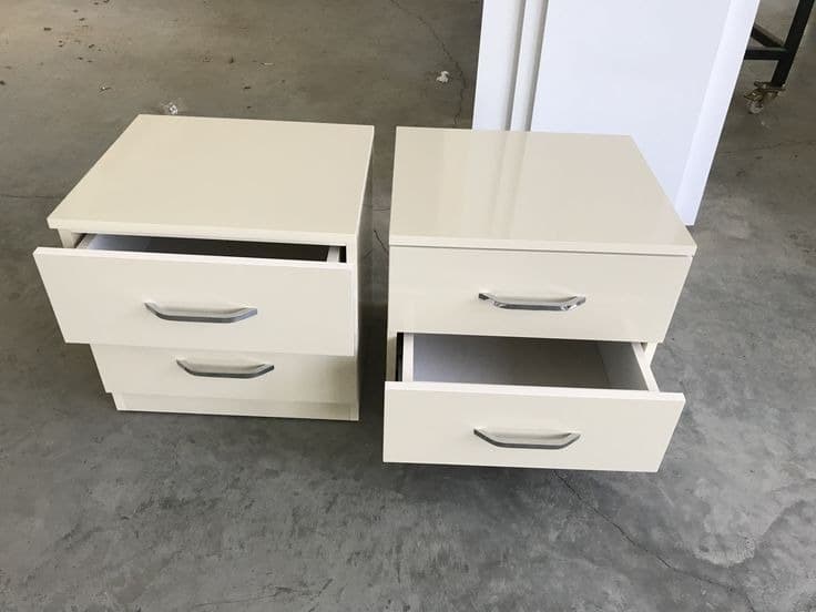 Modern Cream High Gloss 2 Drawer Bedside Tables / Nightstands (Pair)