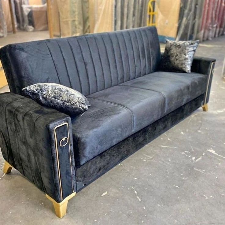Evra Turkish 3 Seater Ottoman Sofa Bed with Cushions - Black