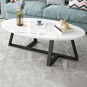Modern Oval White Marble Effect Coffee Table - Black Metal Frame
