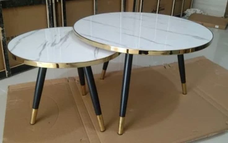 Modern White Marble Effect Nest of 2 Round Coffee Tables with Gold Trim & BlackGold Legs