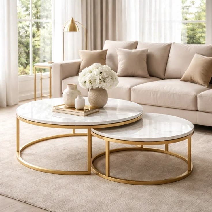 Modern White Marble Effect & Brushed Gold Frame Nest of 2 Round Coffee Tables