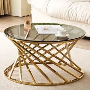 Modern Round Spiral Design Tempered Glass Coffee Table - Gold Frame