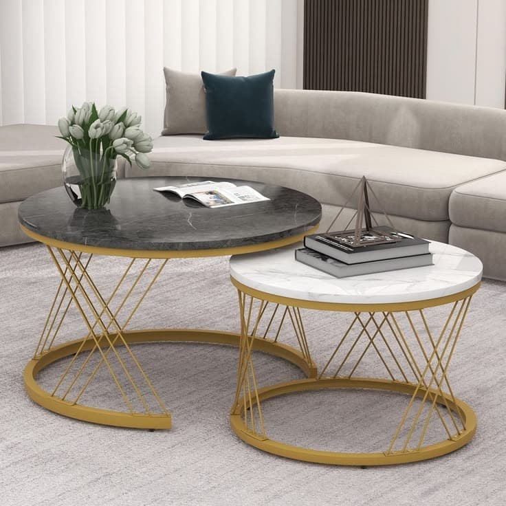 Modern Nest of 2 Wire Geometric Base Marble Effect Coffee Tables - Gold Frame