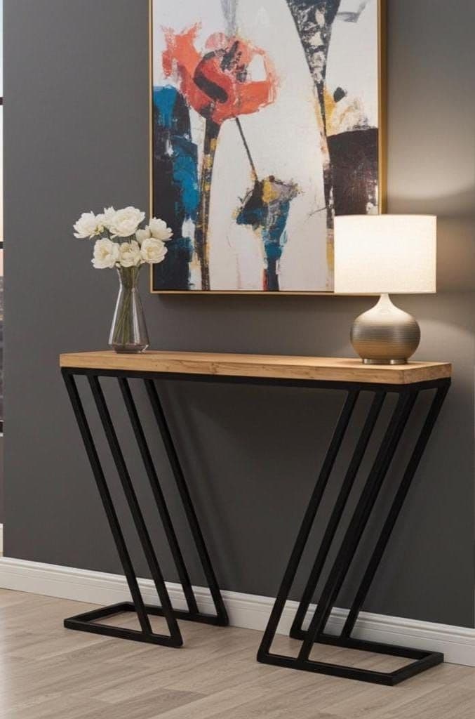 Modern Industrial Wooden Top Console Table - Black Geometric Metal Frame