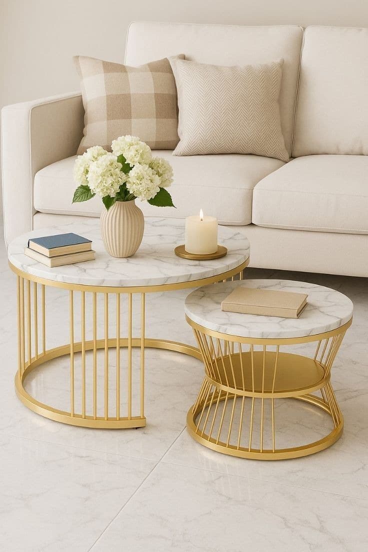 Modern White Marble Effect & Gold Caged Frame Nest of 2 Round Coffee Tables