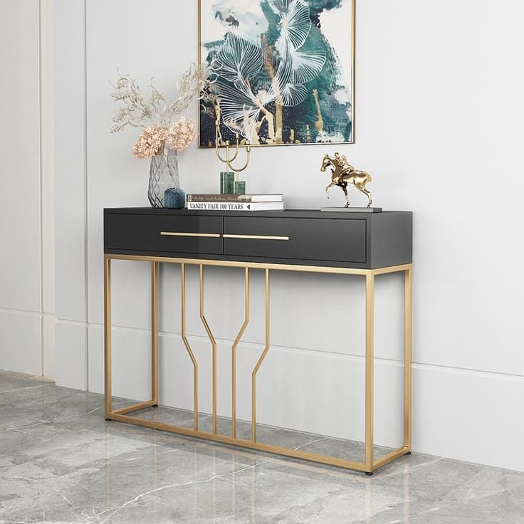 Modern Narrow Black & Gold Console Table with Drawers - 800mm