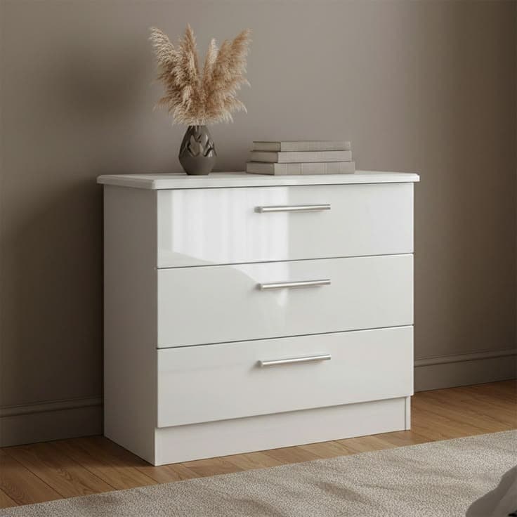 Modern White High Gloss 3 Drawer Chest of Drawers with Silver Handles