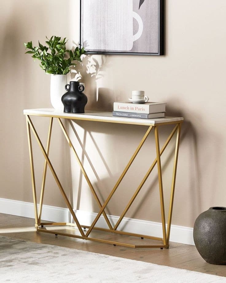 Beliani Geometric Gold & White Marble Effect Console Table - 100 x 30 cm