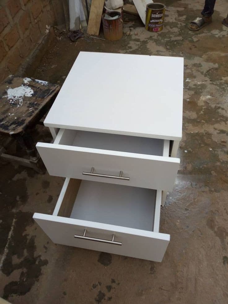 Modern White 2 Drawer Bedside Table / Nightstand with Silver T-Bar Handles