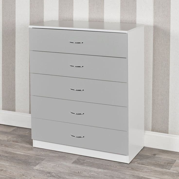 Modern Grey & White 5 Drawer Chest of Drawers with Silver Handles