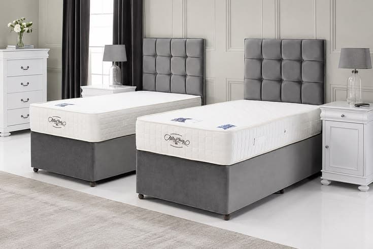 Luxury Grey Velvet Divan Single Bed Set with Modern Cubed Headboard & Premium Mattress