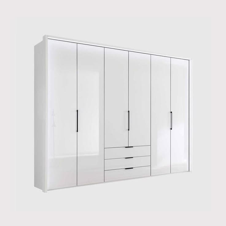Templin 2000 White Glass 6 Door 3 Drawer 300cm Bi-fold Wardrobe with LED Lighting