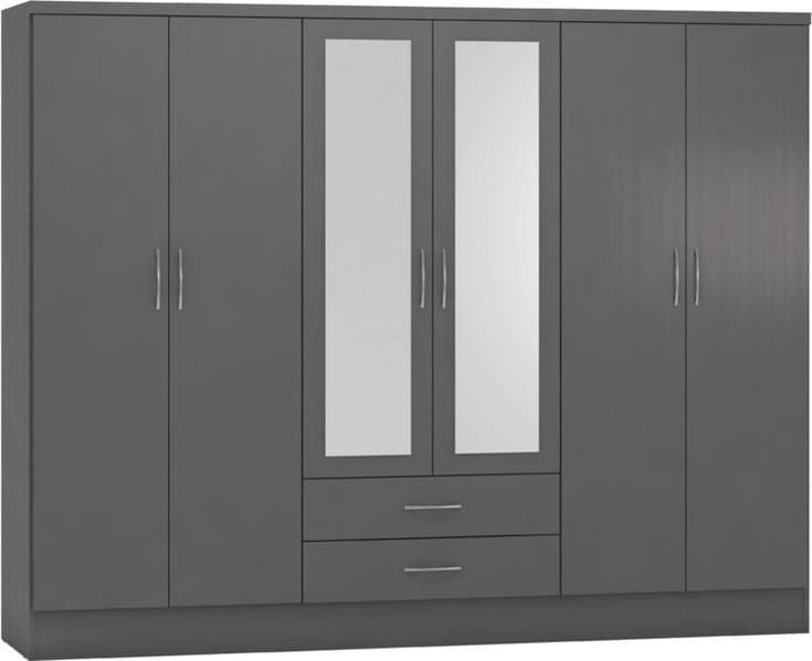 Nevada 6 Door 2 Drawer Mirrored Wardrobe - 3D Effect Grey