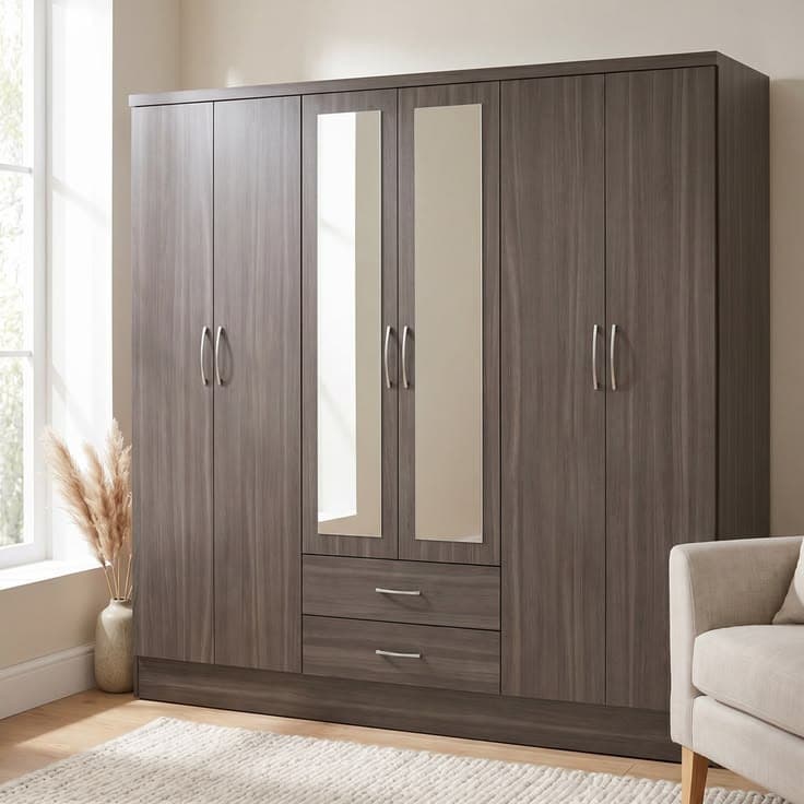 Cascio 6 Door 2 Drawer Mirrored Wardrobe - Walnut