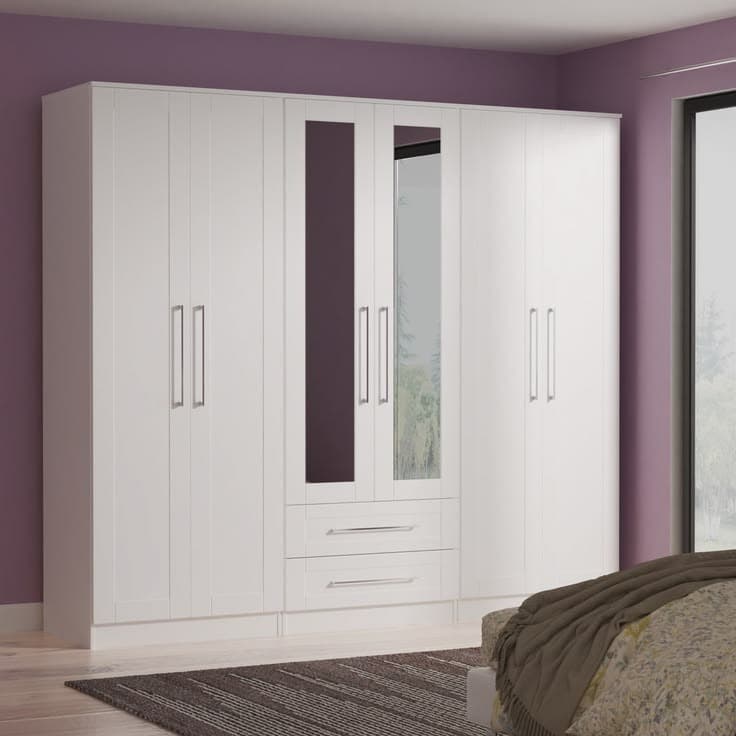 Malton Ready Assembled Tall 6 Door 2 Drawer 2 Mirror Wardrobe - White Ash