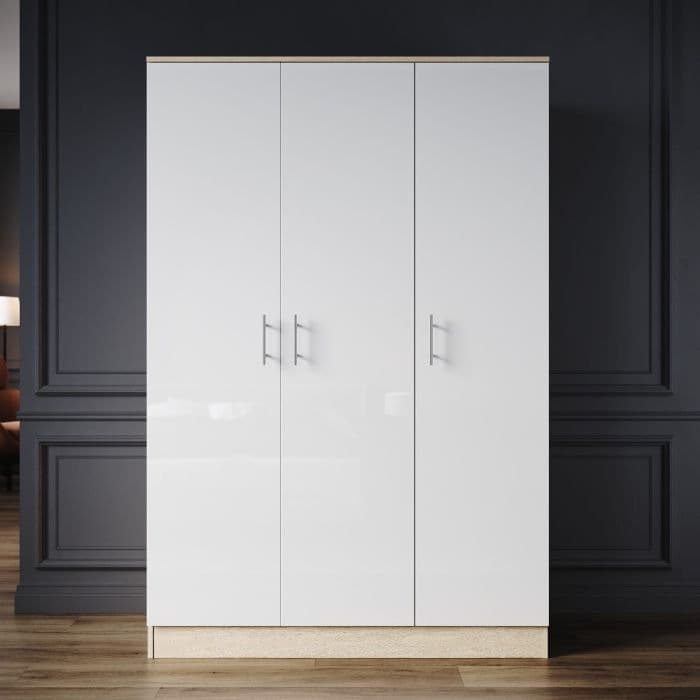 ELEGANT 3 Door High Gloss Wardrobe - White & Oak Frame with Hanging Rail and Storage Shelves