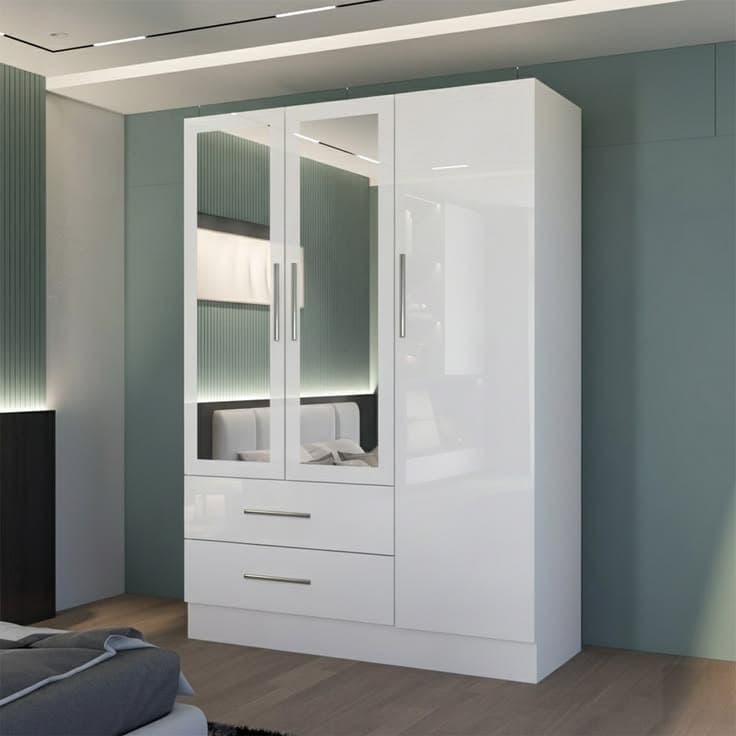 MN Furniture High Gloss 3-Door Mirrored Wardrobe with 2 Drawers W120cm - White