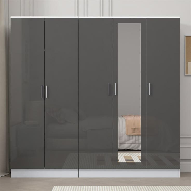 Reflect High Gloss 5-Door Mirrored Wardrobe Bundle - Grey & White Frame
